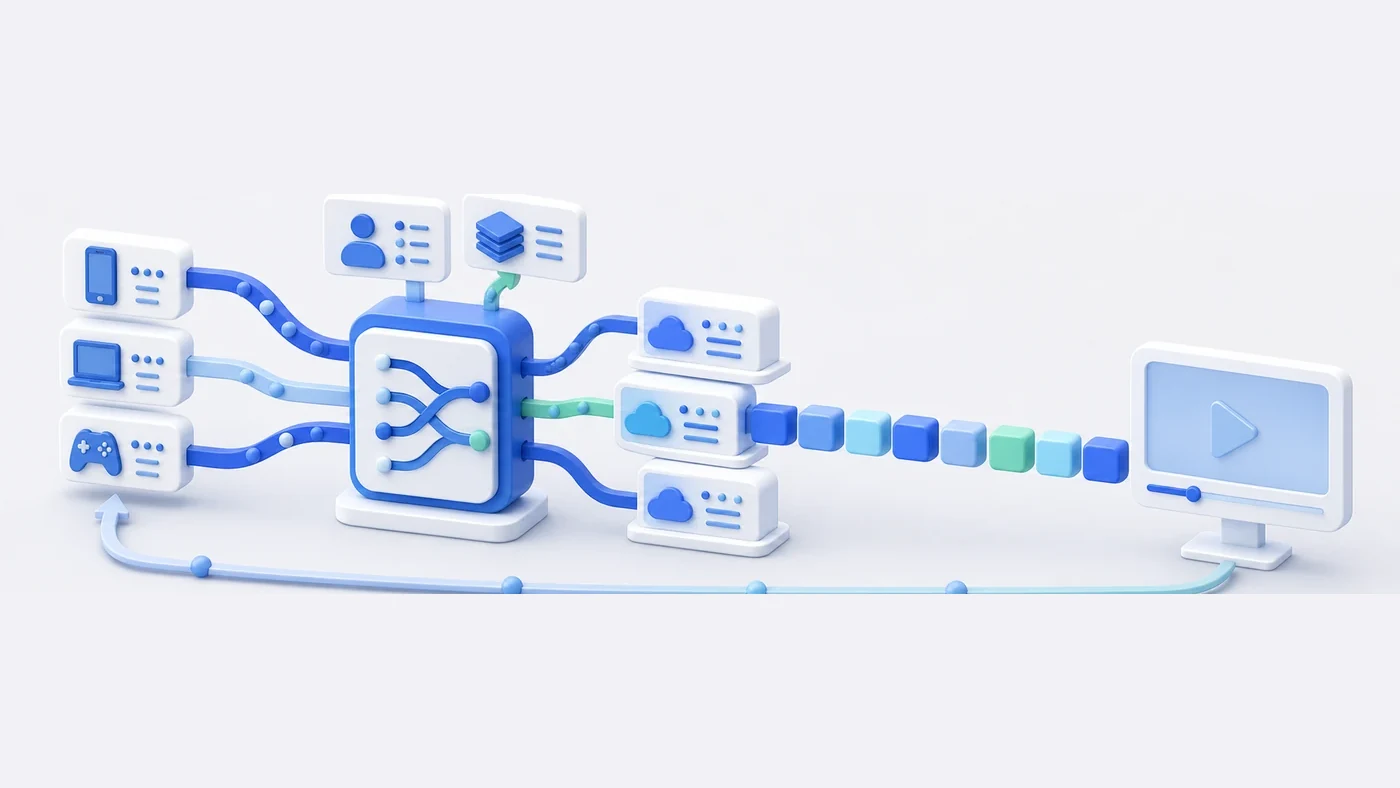 Viewers on phone, laptop and console feed into one routing core, which draws the next segments from several CDNs into a single continuous stream on the screen